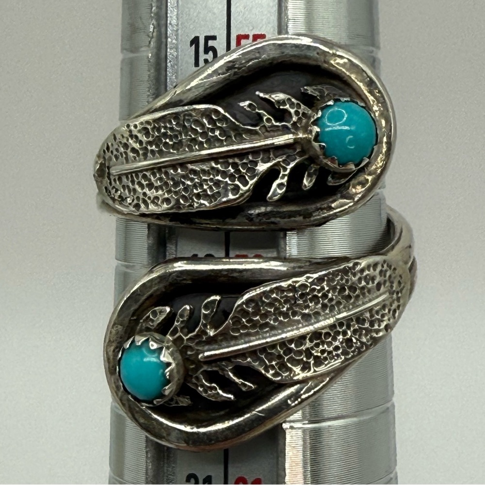 Navajo Sterling Silver Feather Wrap Ring by Etta Berim Twin Turquoise Cabochons - Picture 12 of 14